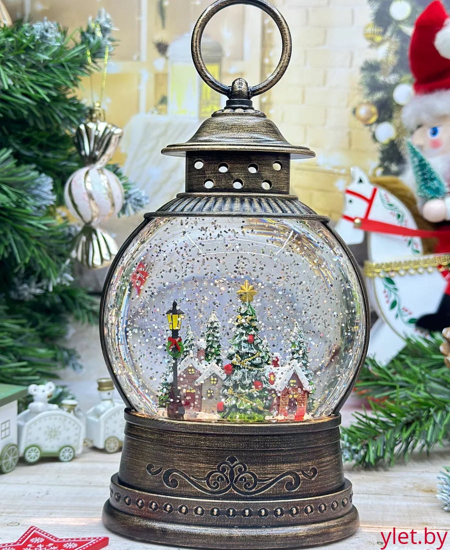 Снежный шар с подсветкой музыкальный Ретро фонарь круглый плоский "Заснеженный город" d = 15 см, высота 22 см