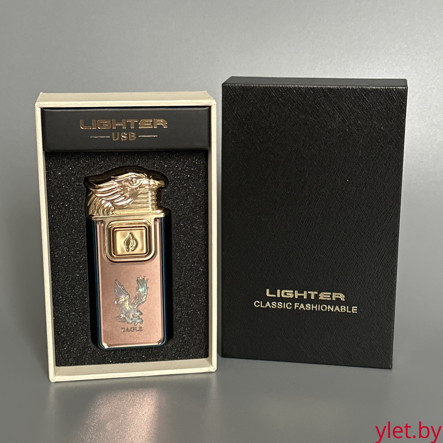 Зажигалка турбо газовая+обычное пламя Голова орла, бронза и синий, эмблема орла