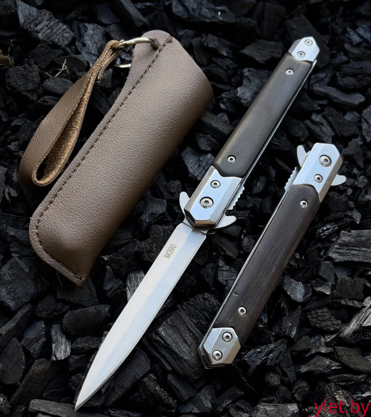 Нож с кожаным чехлом с деревянной ручкой "Storm" темно-коричневый М390