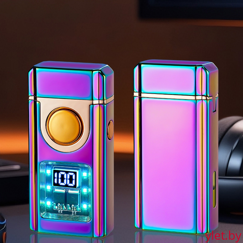 Зажигалка импульсная+газовая со световым экраном и окном заполнения, кнопка посередине, Хамелеон