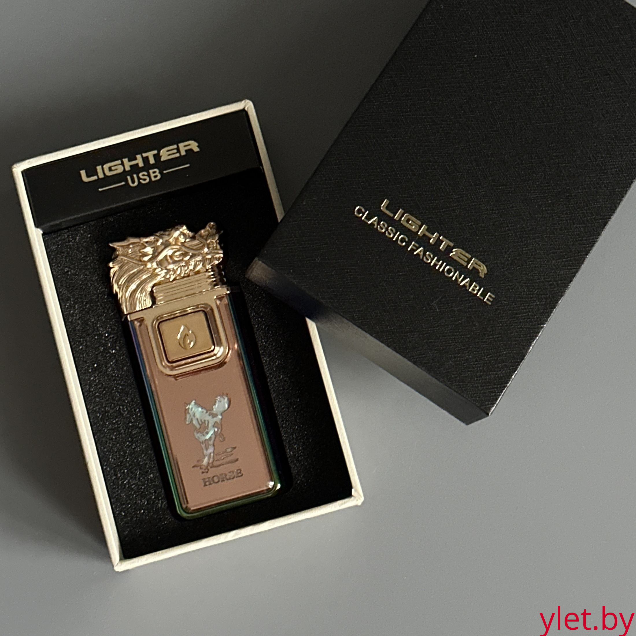 Зажигалка турбо газовая+обычное пламя Голова дракона, Бронза и хамелеон, эмблема лошади