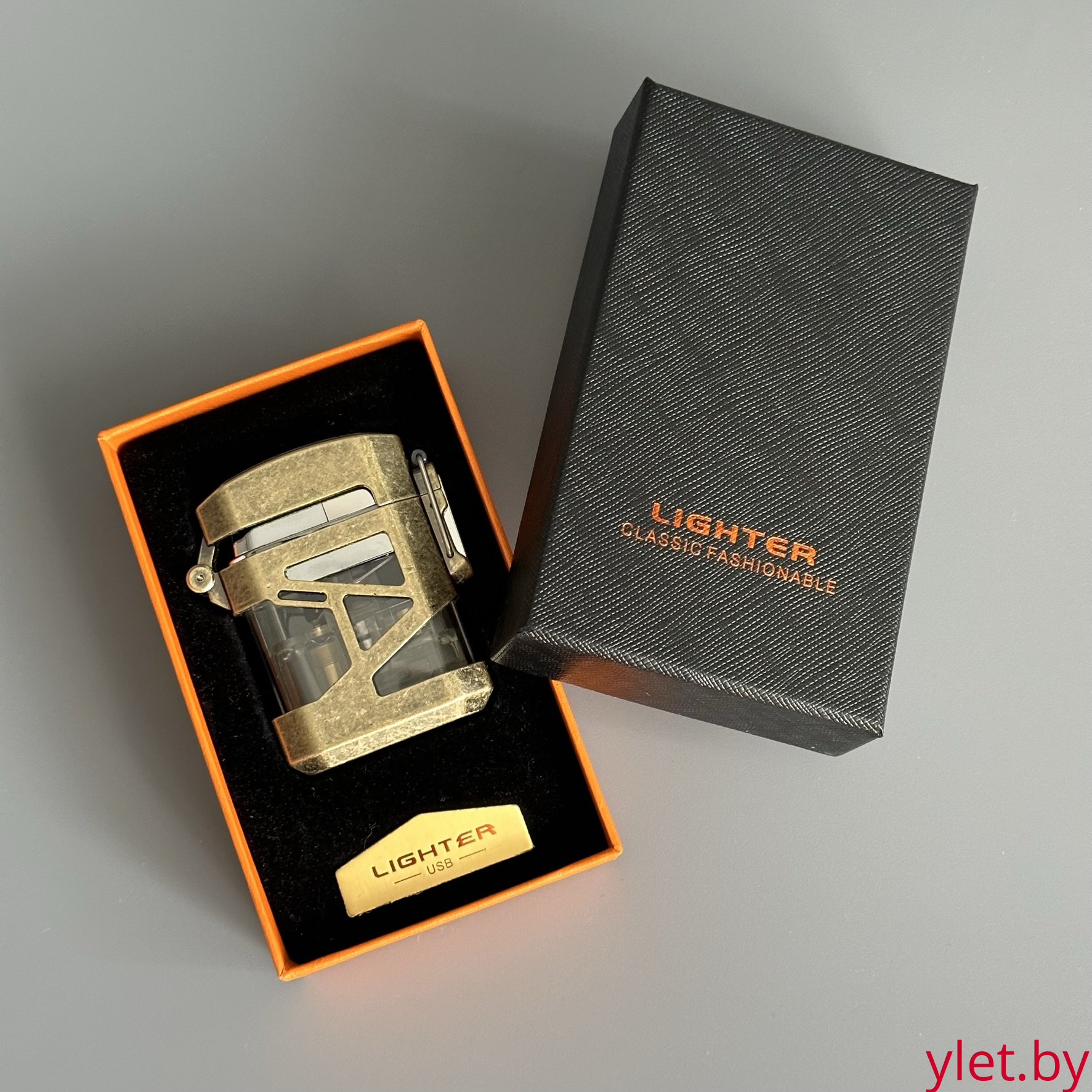 Зажигалка турбо газовая прозрачная в металлическом корпусе винтажное Золото