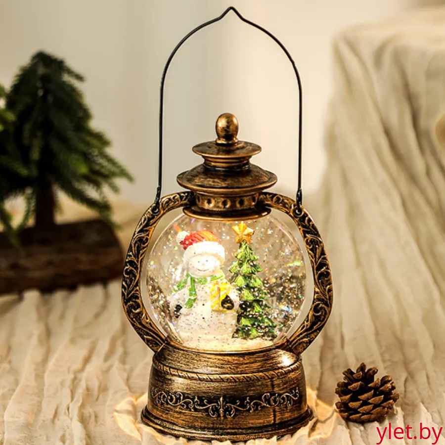 Снежный шар с подсветкой музыкальный Ретро фонарь круглый "Снеговик с подарком" d - 15 см, высота 22 см