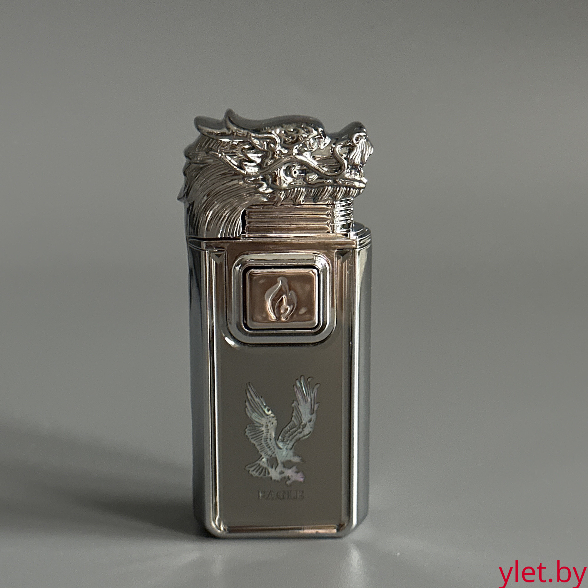 Зажигалка турбо газовая+обычное пламя Голова дракона, серебро, эмблема орла