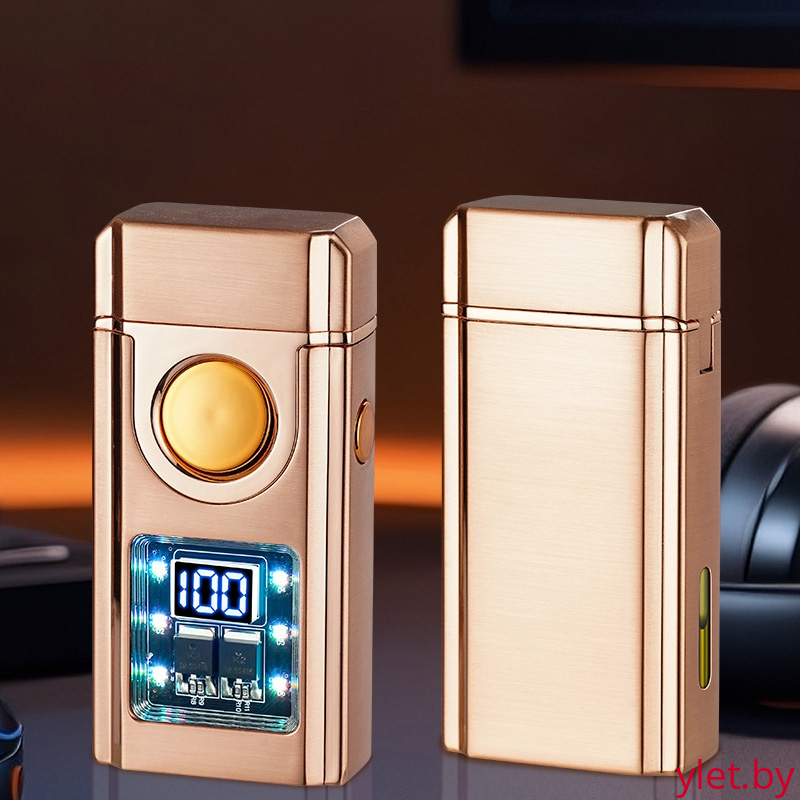 Зажигалка импульсная+турбо газовая+обычное пламя со световым экраном и окном заполнения, кнопка посередине, Бронза