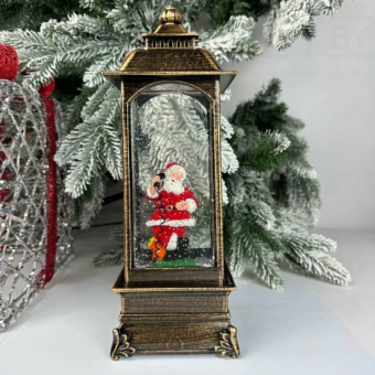Снежный музыкальный Ретро фонарь квадратный "Дед мороз с телефоном" 9.5х9.5х30 см