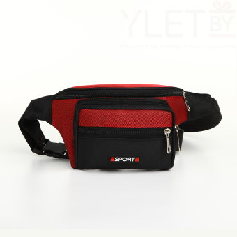 Сумка поясная "Спорт" на молнии, 32*8*13,5 см, 3 наружных кармана, цвет красный/чёрный