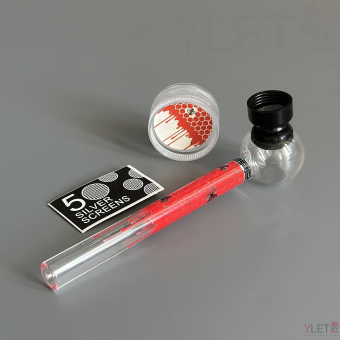 Курительный девайс стеклянная трубочка Соты с гриндером красный