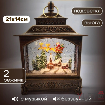 Снежный музыкальный Ретро фонарь прямоугольный  "Летящие сани" 5х12х19 см