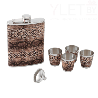 Подарочный набор 6 в 1 "Питон": фляжка 240 мл, воронка, 4 рюмки, коричневый