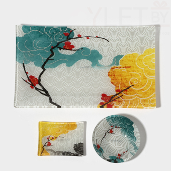 Набор для суши из стекла «Абстракция», 3 предмета: соусники 8×2 см, 8×6 см, подставка 25×15×2 см