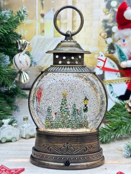 Снежный шар с подсветкой музыкальный Ретро фонарь круглый плоский "Заснеженный город" d = 15 см, высота 22 см