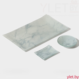 Набор для суши из стекла «Марбл белый», 3 предмета: соусники 8×2 см, 8×6 см, подставка 25×15×2 см