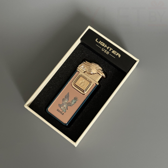 Зажигалка турбо газовая+обычное пламя Голова орла, бронза и синий, эмблема орла