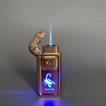 Зажигалка турбо газовая+обычное пламя Крокодил, бронза и золото, эмблема скорпиона