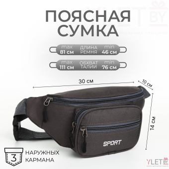 Сумка поясная "Грейс" на молнии, 30*10*14 см, 2 наружных кармана, серый