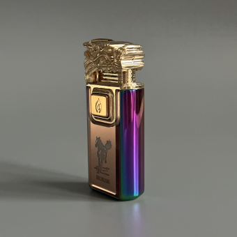 Зажигалка турбо газовая+обычное пламя Голова дракона, Бронза и хамелеон, эмблема лошади