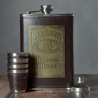 Набор фляжка и стопки Jack Daniels с табличкой, Темный коричневый