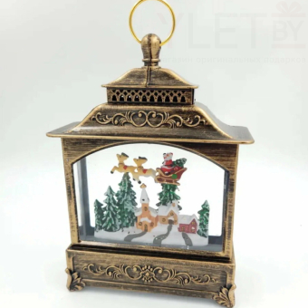 Снежный музыкальный Ретро фонарь прямоугольный  "Летящие сани" 5х12х19 см