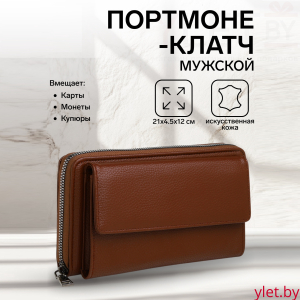 Портмоне-клатч мужской на молнии "Гранд", с наружным карманом, цвет коричневый