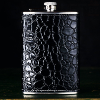 Набор фляжка и стопки под кожу Крокодил черный  в окантовке