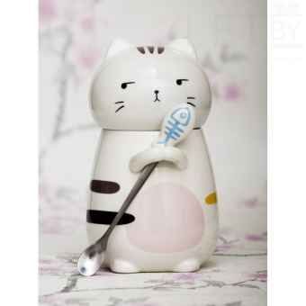 Кружка Кот с ложкой №1 розовый