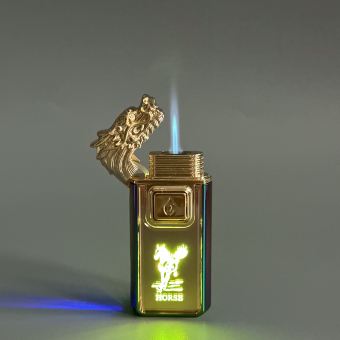 Зажигалка турбо газовая+обычное пламя Голова дракона, Бронза и хамелеон, эмблема лошади