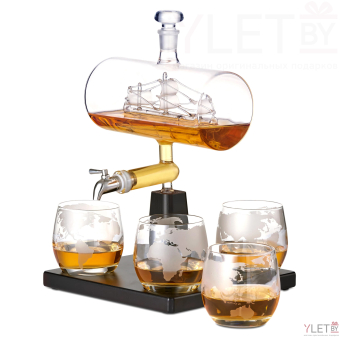 Набор для напитков подарочный 4 стакана и графин "Корабль" на подставке