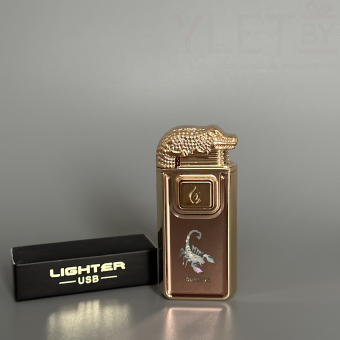 Зажигалка турбо газовая+обычное пламя Крокодил, бронза и золото, эмблема скорпиона