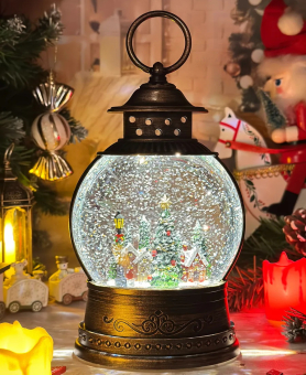 Снежный шар с подсветкой музыкальный Ретро фонарь круглый плоский "Заснеженный город" d = 15 см, высота 22 см