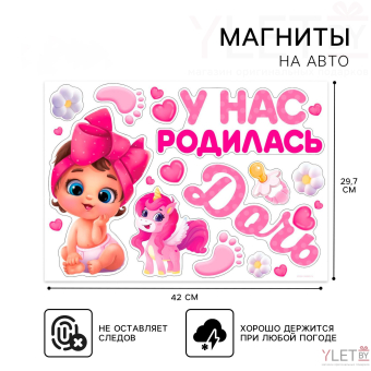 Набор магнитов на авто «У нас родилась дочь», на выписку, 42 см х 29,7 см