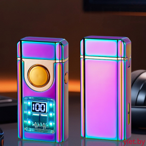 Зажигалка импульсная+газовая со световым экраном и окном заполнения, кнопка посередине, Хамелеон