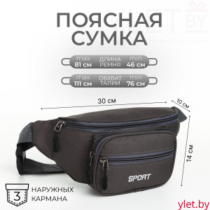 Сумка поясная "Грейс" на молнии, 30*10*14 см, 2 наружных кармана, серый