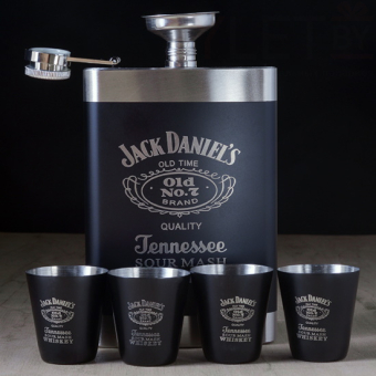 Набор фляжка и стопки Jack Daniels черный с металлической окантовкой