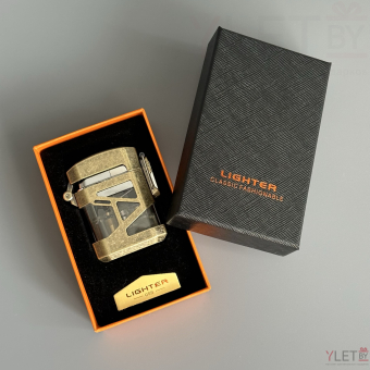 Зажигалка турбо газовая прозрачная в металлическом корпусе винтажное Золото
