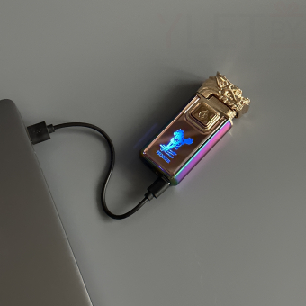 Зажигалка турбо газовая+обычное пламя Голова дракона, Бронза и хамелеон, эмблема лошади