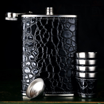 Набор фляжка и стопки под кожу Крокодил черный  в окантовке