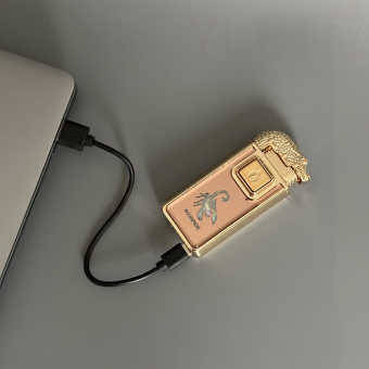 Зажигалка турбо газовая+обычное пламя Крокодил, бронза и золото, эмблема скорпиона