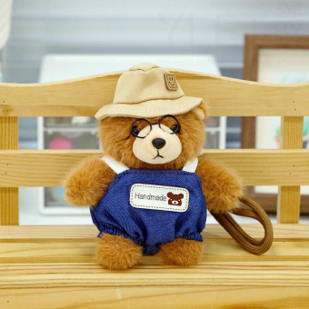 Брелок плюшевый Мишка Паддингтон 14 см (Paddington) в синем комбинезоне и бежевой панаме