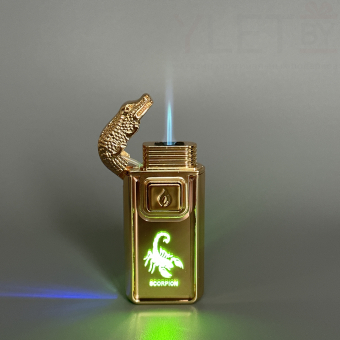 Зажигалка турбо газовая+обычное пламя Крокодил, бронза и золото, эмблема скорпиона