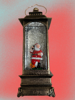 Снежный музыкальный Ретро фонарь квадратный "Дед мороз с телефоном" 9.5х9.5х30 см