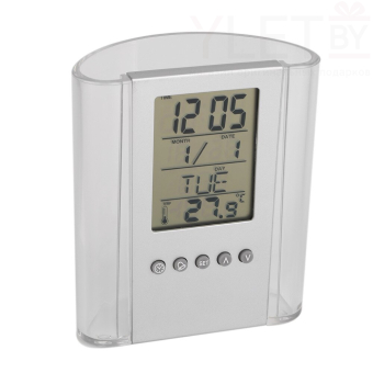 Подставка для канцтоваров с часами, календарем и термометром