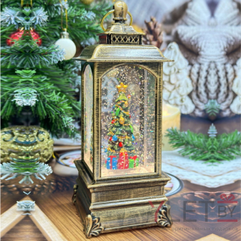 Снежный музыкальный Ретро фонарь квадратный "Елка" 8х8х21 см