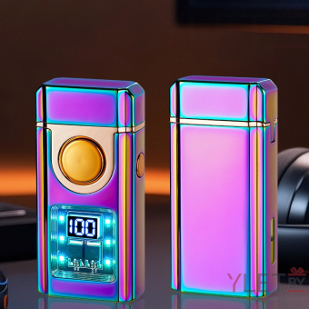 Зажигалка импульсная+газовая со световым экраном и окном заполнения, кнопка посередине, Хамелеон