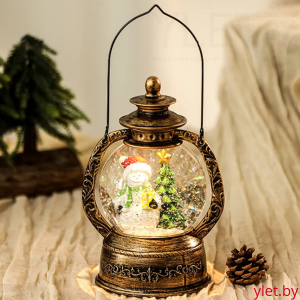 Снежный шар с подсветкой музыкальный Ретро фонарь круглый "Снеговик с подарком" d - 15 см, высота 22 см