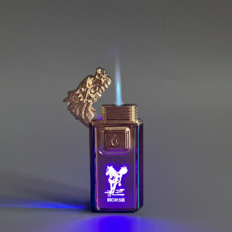 Зажигалка турбо газовая+обычное пламя Голова дракона, Бронза и хамелеон, эмблема лошади