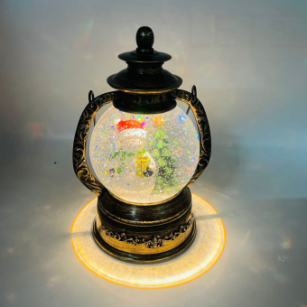 Снежный шар с подсветкой музыкальный Ретро фонарь круглый "Снеговик с подарком" d - 15 см, высота 22 см