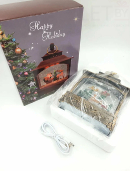 Снежный музыкальный Ретро фонарь прямоугольный  "Летящие сани" 5х12х19 см