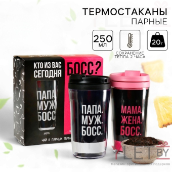 Набор парных термостаканов с чёрным чаем, 2 шт. х 250 мл. «Босс», мята 20 г., тропические фрукты 20 г.