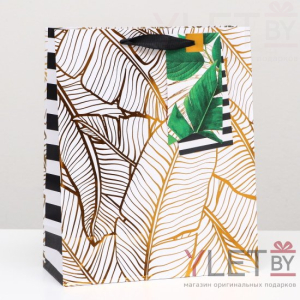 Пакет подарочный Пальма, золото, полосы 26 х 36 х 11.5 см